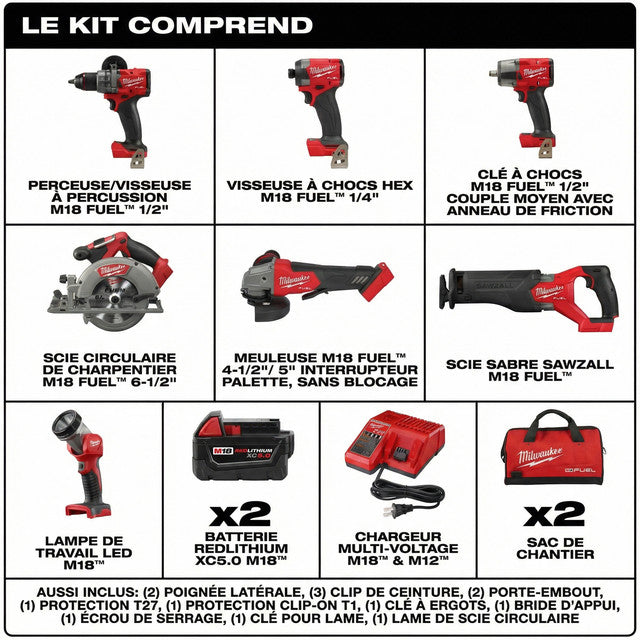Milwaukee® Power Combo de 7 Herramientas sin cables + 2 Baterías 5.0Ah + Cargador + 2 Bolsas
