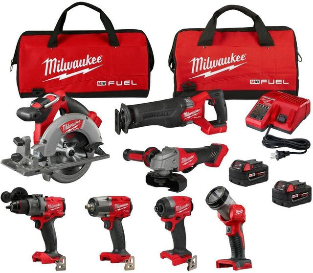 Milwaukee® Power Combo de 7 Herramientas sin cables + 2 Baterías 5.0Ah + Cargador + 2 Bolsas
