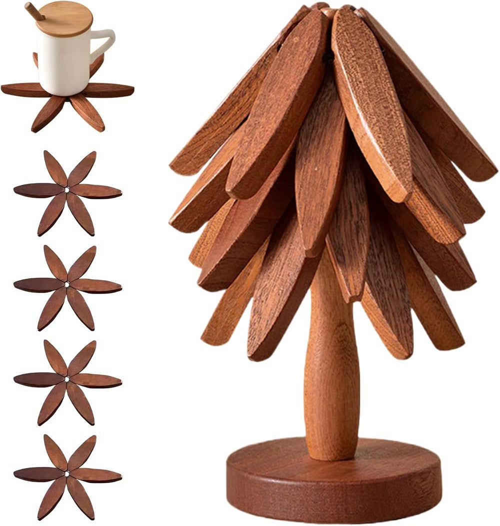 TreeLite Set® 🎄 4 Wooden Trivets + 1 Stand