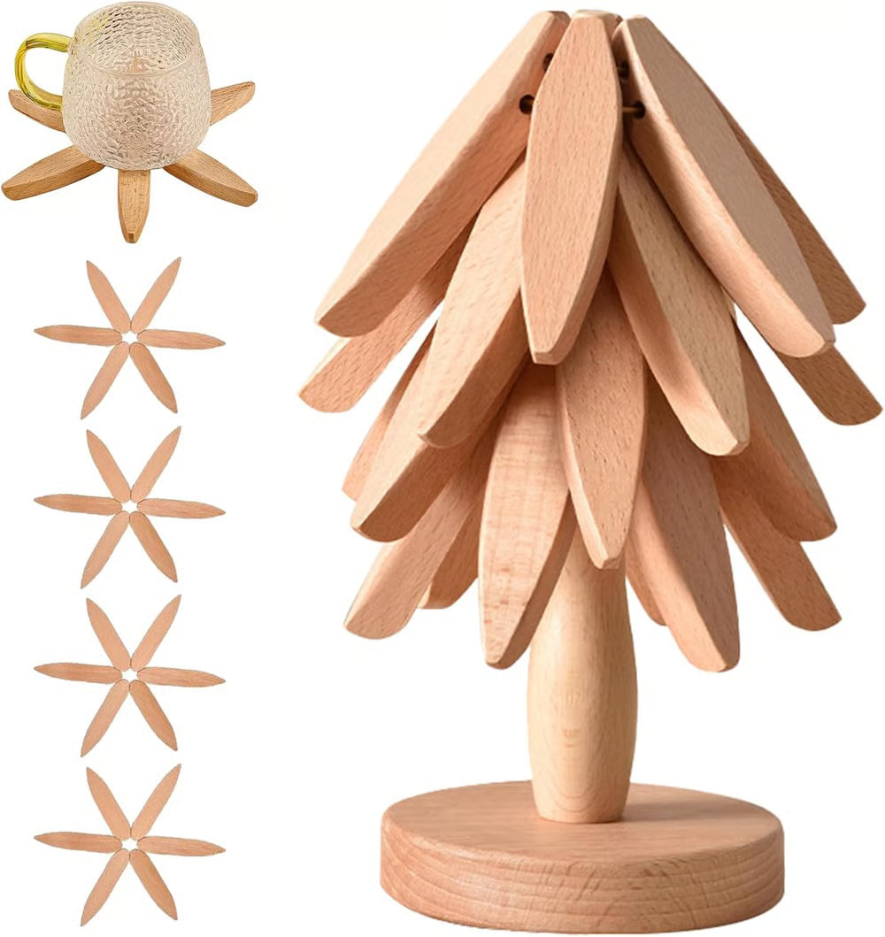 TreeLite Set® 🎄 4 Wooden Trivets + 1 Stand