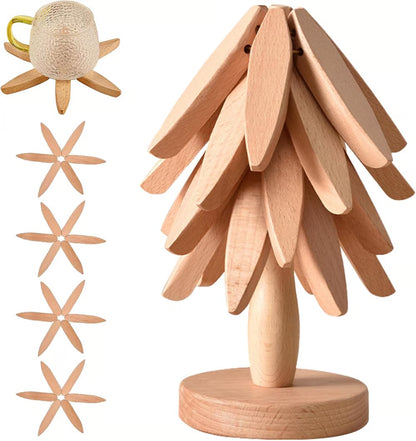 TreeLite Set® 🎄 4 Wooden Trivets + 1 Stand